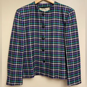 Vintage Jaeger Wool Blazer Plaid Check 80s Purple Green Jacket